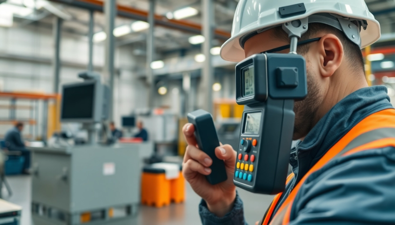 Conducting a noise assessment survey with a sound level meter in an industrial facility.