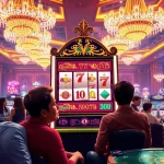 Menggambarkan pengalaman bermain luxury777 slot di kasino bergaya mewah dengan suasana meriah.