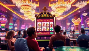 Menggambarkan pengalaman bermain luxury777 slot di kasino bergaya mewah dengan suasana meriah.