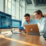 Digital marketing strategist analyzing data at https://press.farm in a contemporary office.