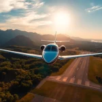 Experience luxury travel with https://flymarquis.com, featuring a private jet taking off against a stunning backdrop.