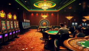 Experience casino excitement at https://1mm888.com/ with players at a poker table and vibrant slot machines.