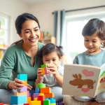 Professional live-in nanny engaging with children in Abu Dhabi's cozy home environment.