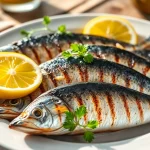 Degustando sardinas ricas en omega 3 sardianas con limón y hierbas frescas.