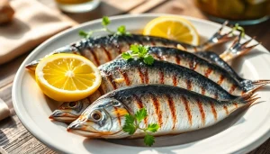 Degustando sardinas ricas en omega 3 sardianas con limón y hierbas frescas.