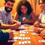 Players engaged in a rummy game showcasing strategies in Rummy nabob with colorful cards and joyful expressions.