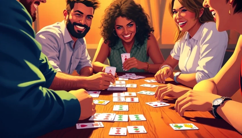 Players engaged in a rummy game showcasing strategies in Rummy nabob with colorful cards and joyful expressions.