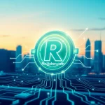 Illustration of Rocktoken.com blockchain token amidst digital circuits for innovation.