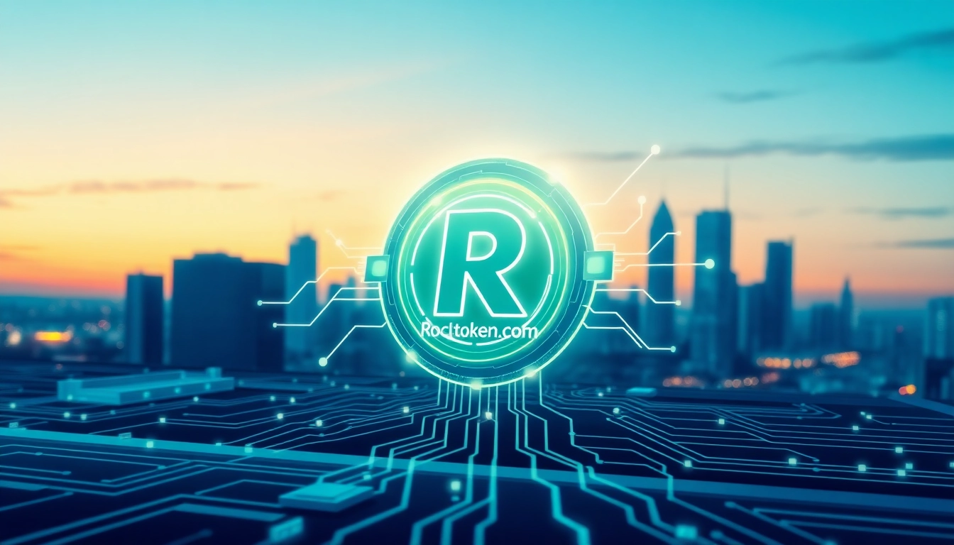 Illustration of Rocktoken.com blockchain token amidst digital circuits for innovation.