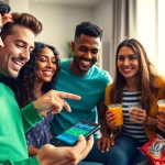 Engage with the best sports betting apps in India through an exciting social setting showcasing friends enjoying sports.
