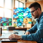 Crafting engaging content for kooralive in a modern workspace setup.