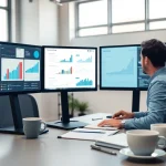 Analyze digital marketing strategies at https://eztips.com with a modern office backdrop and engaging atmosphere.