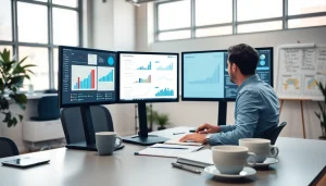 Analyze digital marketing strategies at https://eztips.com with a modern office backdrop and engaging atmosphere.