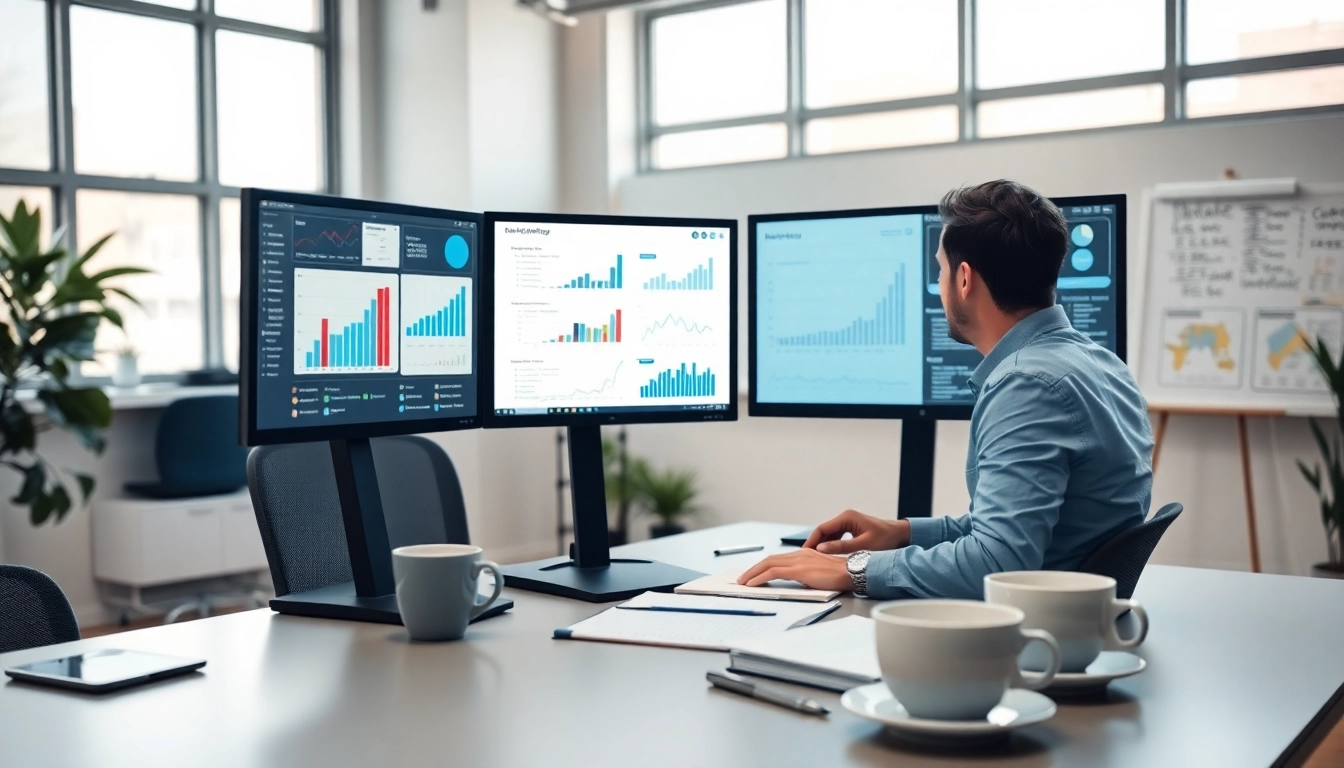 Analyze digital marketing strategies at https://eztips.com with a modern office backdrop and engaging atmosphere.