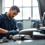 Auto reparieren lassen in berlin, skilled technician diligently repairing a car engine in a bright workshop.