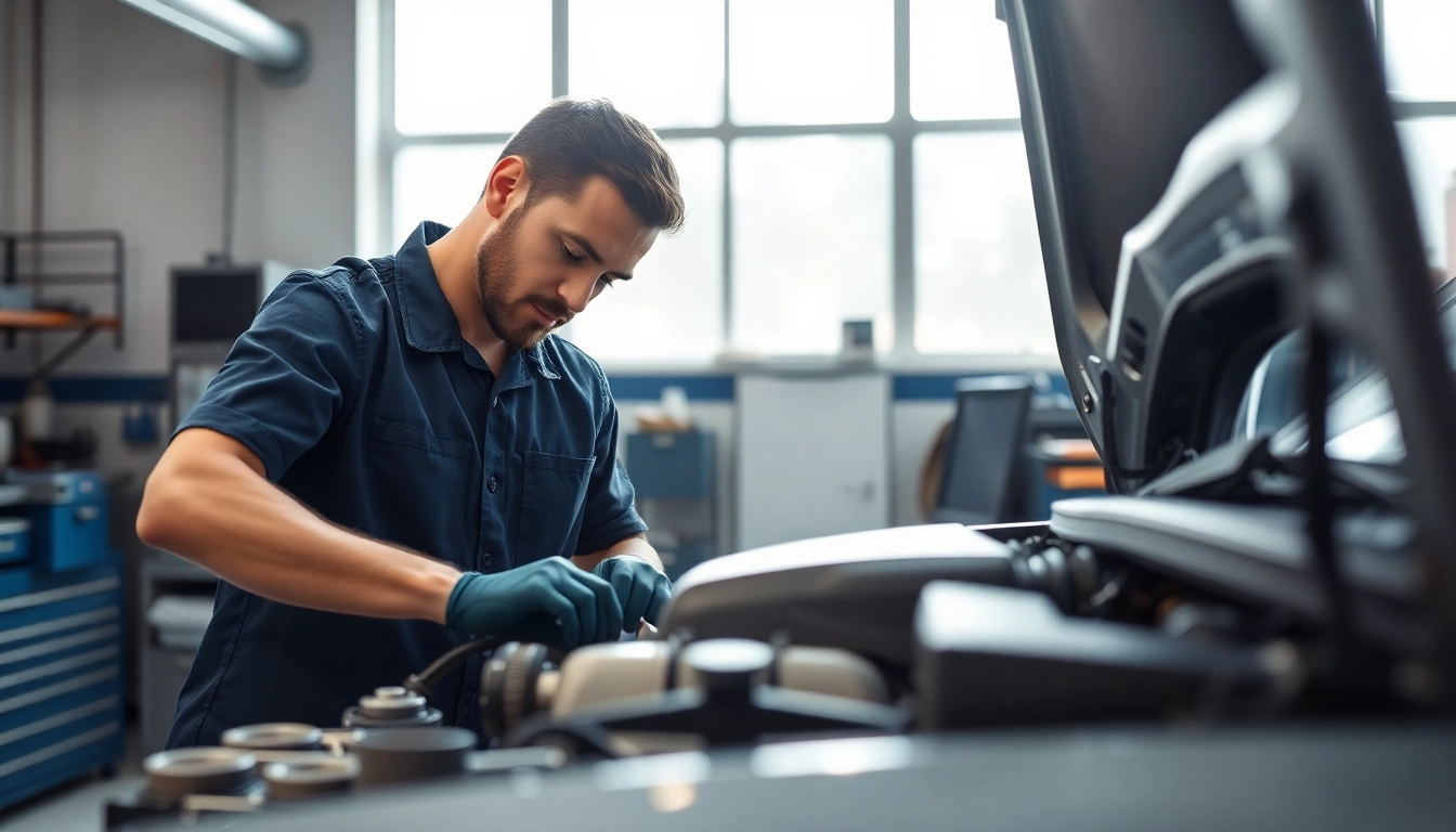Auto reparieren lassen in berlin, skilled technician diligently repairing a car engine in a bright workshop.