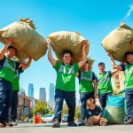 Workers performing junk removal tasks with https://myeasyjunkremoval.com in a vibrant urban environment.