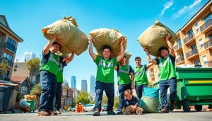 Workers performing junk removal tasks with https://myeasyjunkremoval.com in a vibrant urban environment.