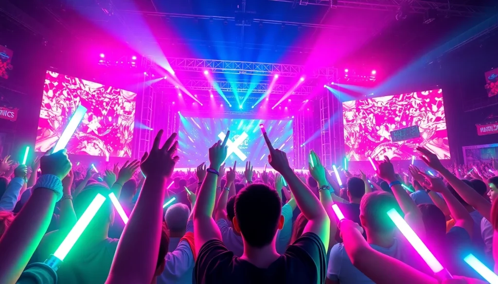 Experience the vibrant atmosphere of a K-pop concert at https://www.kpopangel.com, showcasing energetic fans and stunning visuals.