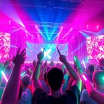 Experience the vibrant atmosphere of a K-pop concert at https://www.kpopangel.com, showcasing energetic fans and stunning visuals.