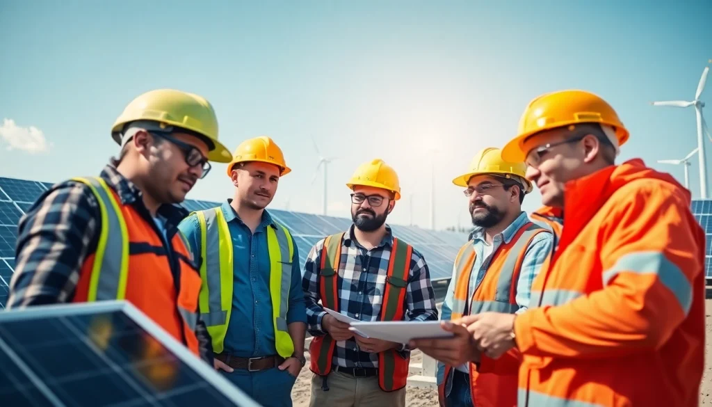 Skilled labor for energy sector workers collaborating on renewable technology in a bright industrial setting.