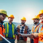 Skilled labor for energy sector workers collaborating on renewable technology in a bright industrial setting.