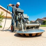 Concrete Leveling technician using hydraulic equipment to level a driveway.