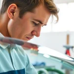 Repairing a cracked windshield repair Thornton with precision and care in a bright workshop.
