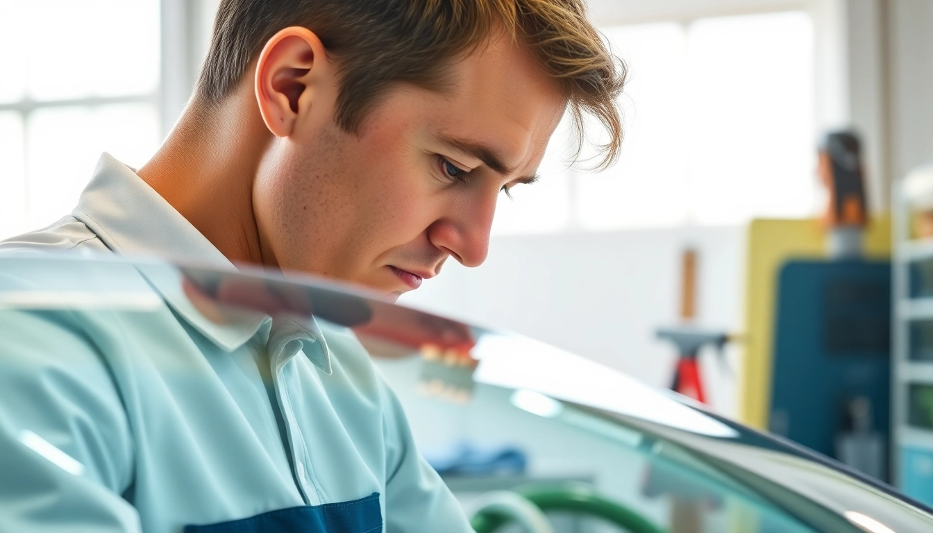 Repairing a cracked windshield repair Thornton with precision and care in a bright workshop.