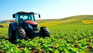 AF88 tractor efficiently cultivating fields in a bright agricultural landscape.