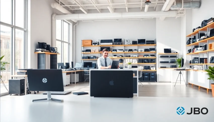 JBO rental service office with friendly staff assisting customers in a professional setting.