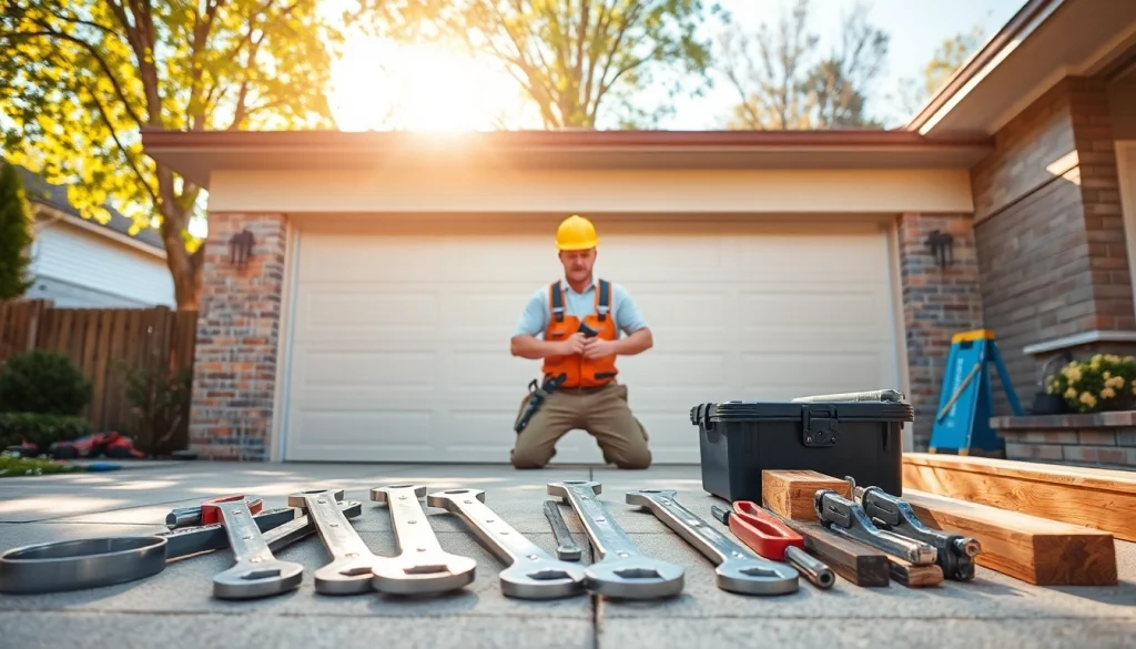 Technician performing garage door repair in Vancouver, Wa with professional tools.