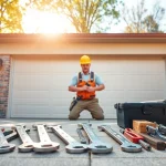 Technician performing garage door repair in Vancouver, Wa with professional tools.
