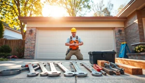 Technician performing garage door repair in Vancouver, Wa with professional tools.