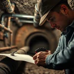 Skilled plumber handling a sewer repair durham while inspecting complex underground piping.