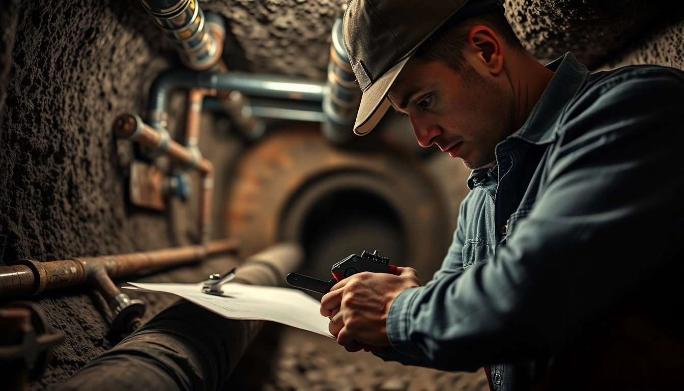 Skilled plumber handling a sewer repair durham while inspecting complex underground piping.