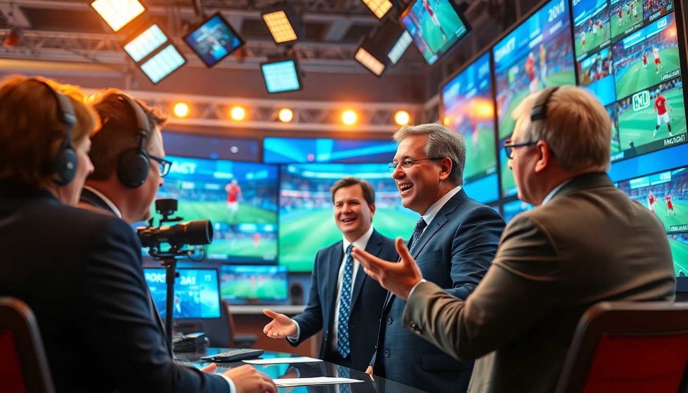 Captivating professional team at sportsbytes.com.ph discusses exciting sports news in a dynamic newsroom.