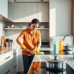 Kitchen deep cleaning Dubai highlighting a professional cleaner scrubbing surfaces and appliances