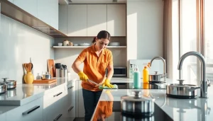 Kitchen deep cleaning Dubai highlighting a professional cleaner scrubbing surfaces and appliances