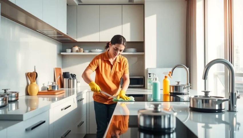 Kitchen deep cleaning Dubai highlighting a professional cleaner scrubbing surfaces and appliances