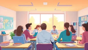 Students engaged in a dynamic Education lesson in a vibrant classroom setting.