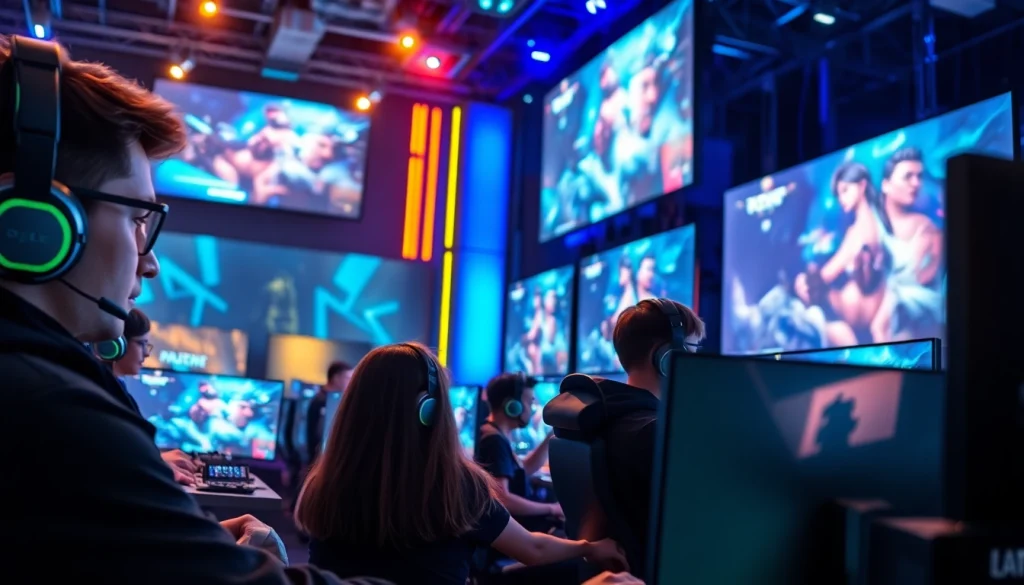 Engaged gamers at a vibrant esports arena showcasing https://gamelevate.com gaming technology.