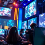 Engaged gamers at a vibrant esports arena showcasing https://gamelevate.com gaming technology.