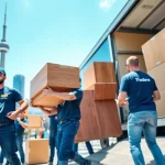 Efficient movers at work providing Toronto moving services, loading furniture in the city.