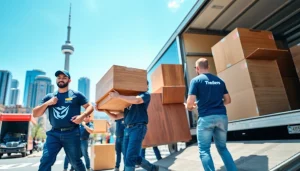 Efficient movers at work providing Toronto moving services, loading furniture in the city.