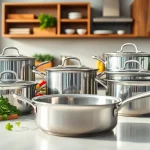 Showcase of stainless steel cookware NZ with fresh ingredients on a kitchen countertop