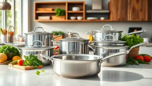 Showcase of stainless steel cookware NZ with fresh ingredients on a kitchen countertop