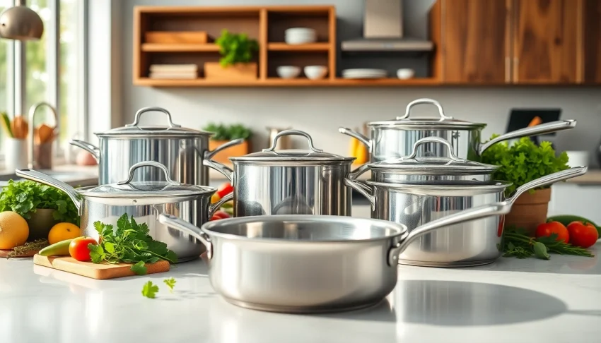 Showcase of stainless steel cookware NZ with fresh ingredients on a kitchen countertop