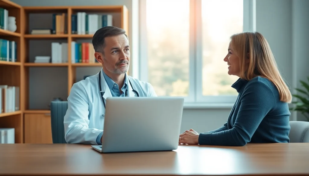 Physician consulting a patient about services at https://www.medexdtc.com in a professional medical setting.