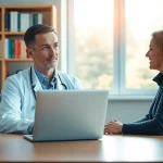 Physician consulting a patient about services at https://www.medexdtc.com in a professional medical setting.